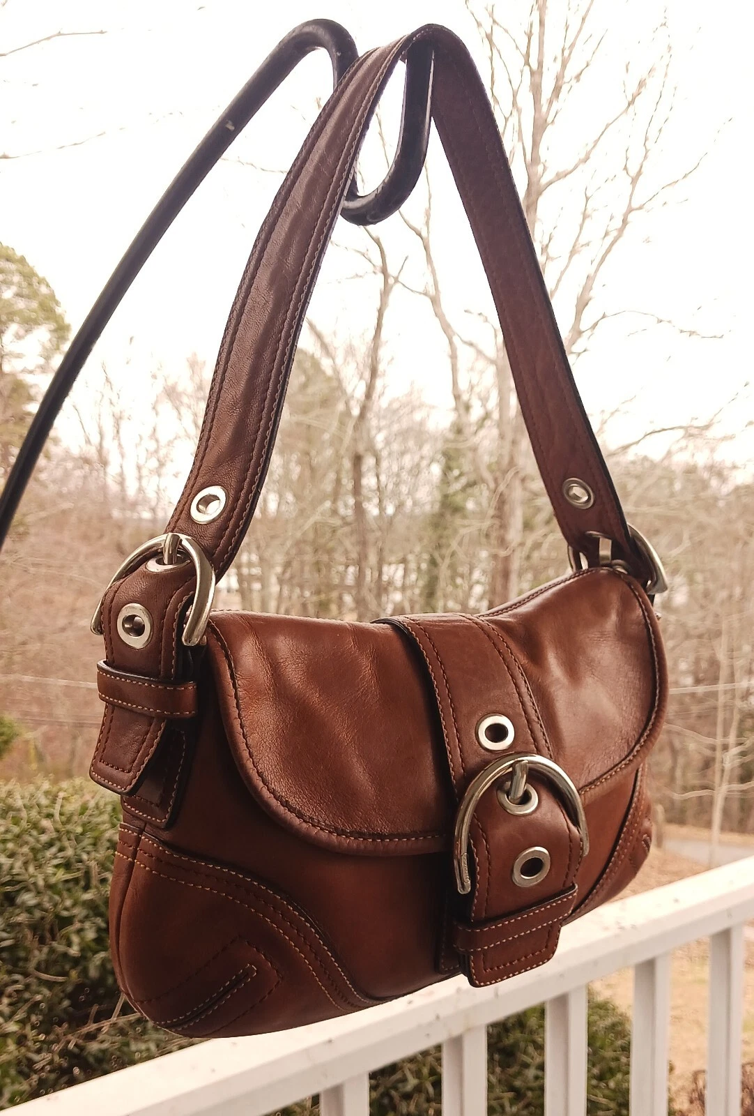Coach F10188 borsa a tracolla piccola vintage Soho in pelle cognac con cuciture a contrasto