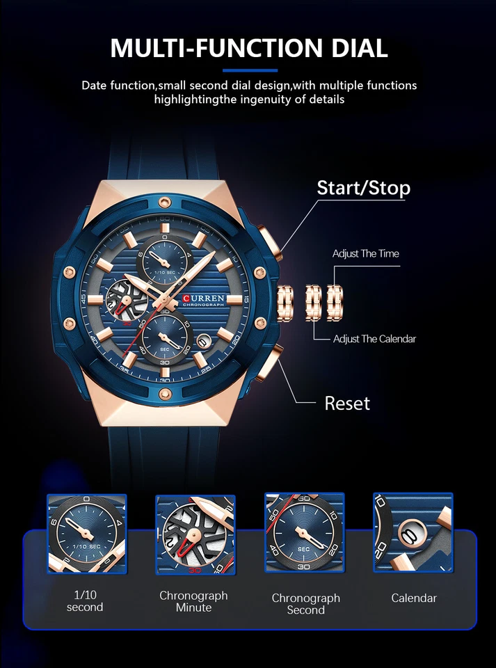 CURREN Men Quartz Watch Silicone Wristwatch Calendar Multifunction Male Watches - Image 3 of 4