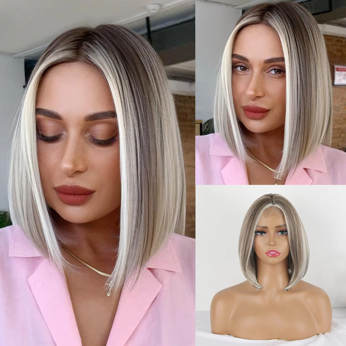Ombre Blonde Bob Beauty Lace Front Wig 13x4 Ombre Blonde Brown Layered Straight Human Hair Wigs  main image 2