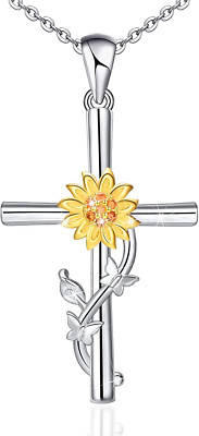 Sunflower Cross Necklace for Women 925 Sterling Silver Jewelry CZ Pendant Gifts