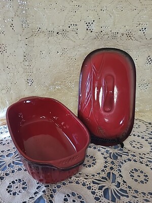 Red Stoneware Oval Covered Casserole Vented Made in Italy Wheat Pattern De...