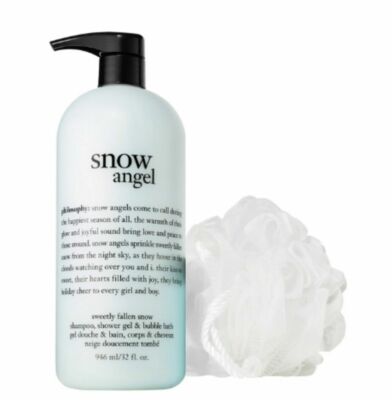 Philosophy Snow Angel Shampoo Shower Gel Bubble Bath 32 oz HUGE w/ Pump & Loofah