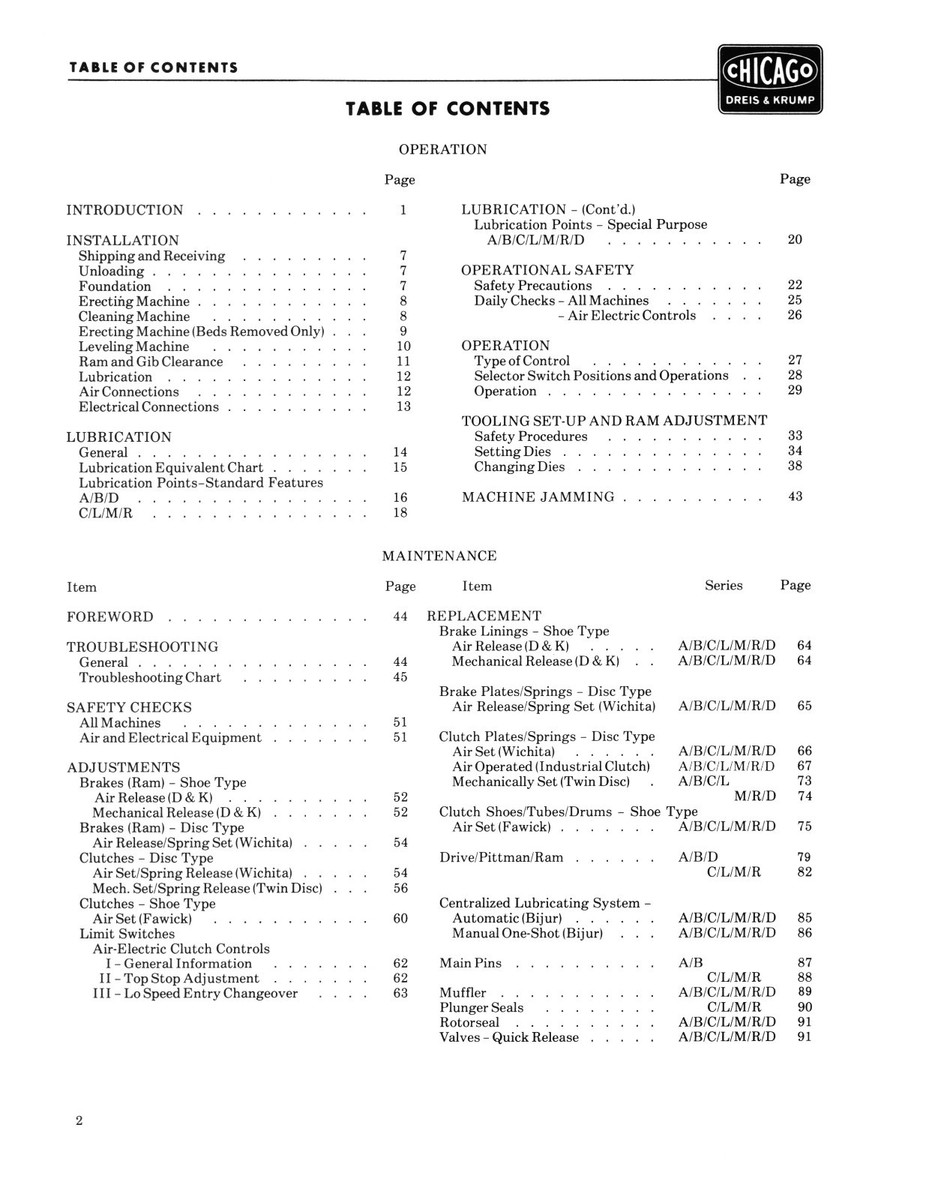 Chicago Dreis Press Brake A/B, C/L, M/R, D Operation & Maintenance