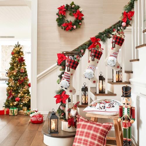 18 Inch Big Christmas Stockings 4-Pack - Burlap Plaid With Faux Fur Cuff, Snowflake Santa Snowman Reindeer - View #12