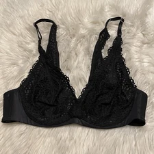 Curvy Couture 38C Bra Black Plunge Underwire Back Closure Crochet Lace D1280