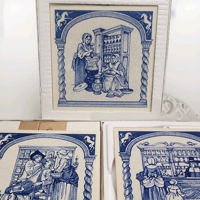 Vintage Delft Blue Dutch Ceramic Tiles Set of 3 Hand Painted Wall Decor