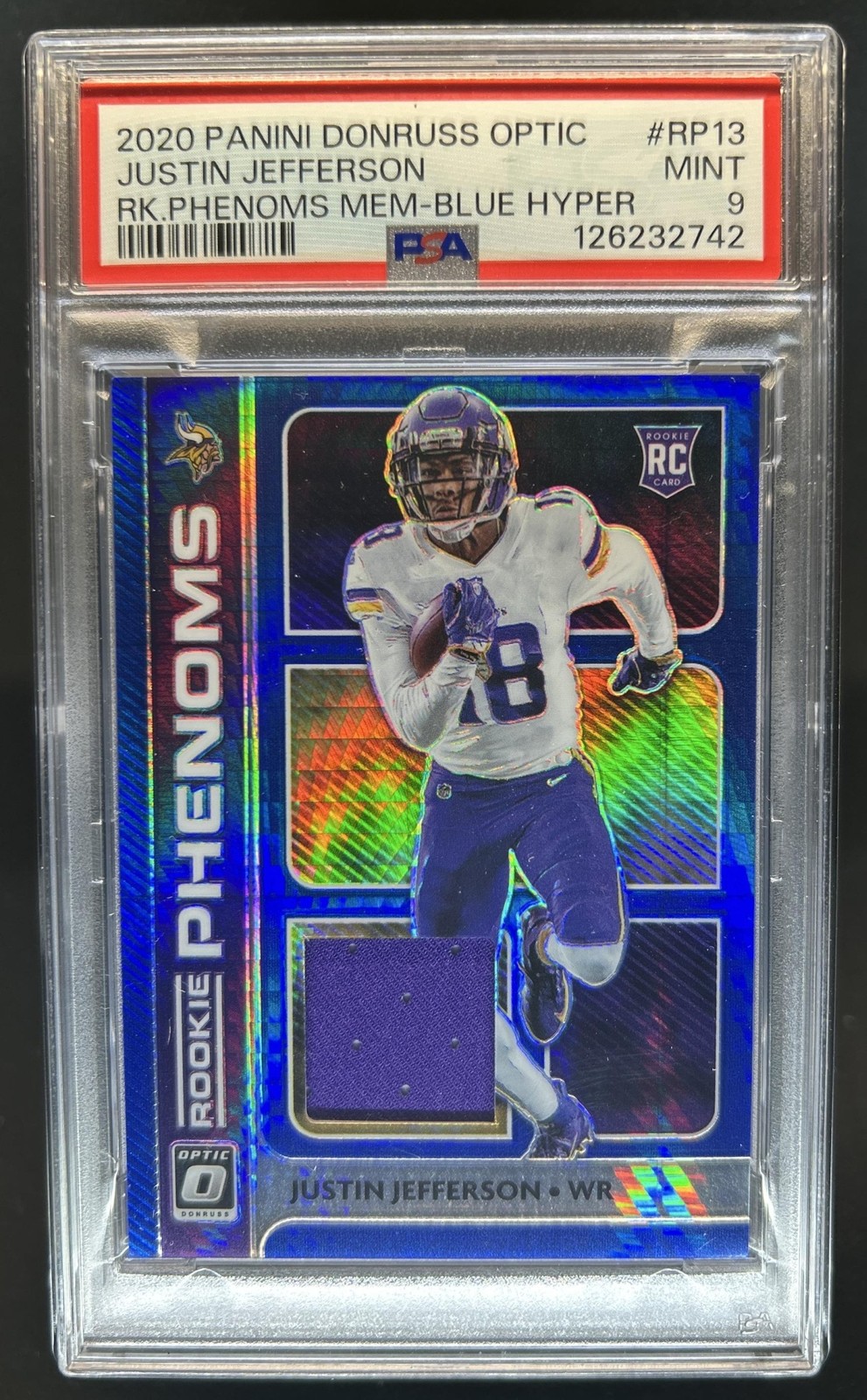 2020 Donruss Optic Justin Jefferson Rookie Phenoms Jersey Blue Hyper RP-13 PSA 9 view 1