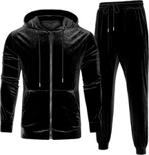 LecGee Mens Tracksuit Long Sleeve Full Zip Velour Hoodie Jacket Large, Black