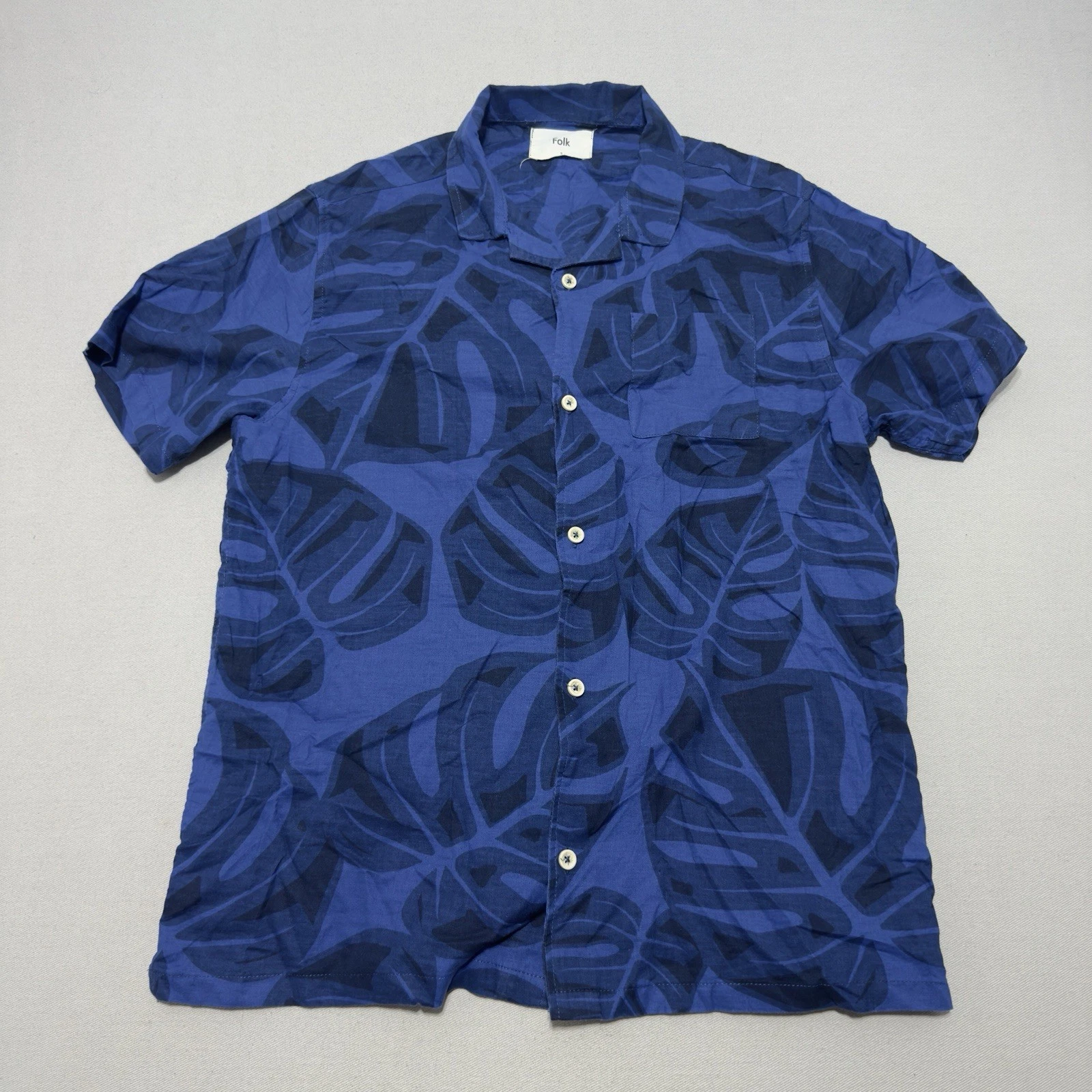 Folk Hawaiian Shirt Mens Medium Navy Cotton Linen Cuban Size 3 Summer Holiday