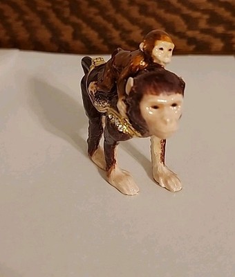 Kubla Crafts Enameled Primate Mother With Baby In Austrian Crystal Trinket Box