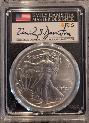 2022 First Day American Silver Eagle - PCGS MS70 FDOI - Designer Damstra Signed - Image 1 of 4