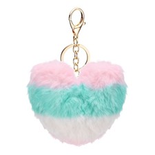 Pom Pom Keychain, 10 cm Soft Cute Fluffy Heart Key Ring, Blue-Pink