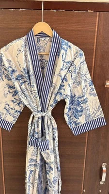 Blau Blumen Baumwolle Bademantel Langer Kimono Nachtwäsche Nacht Anzug Indian US - Bild 1 von 4