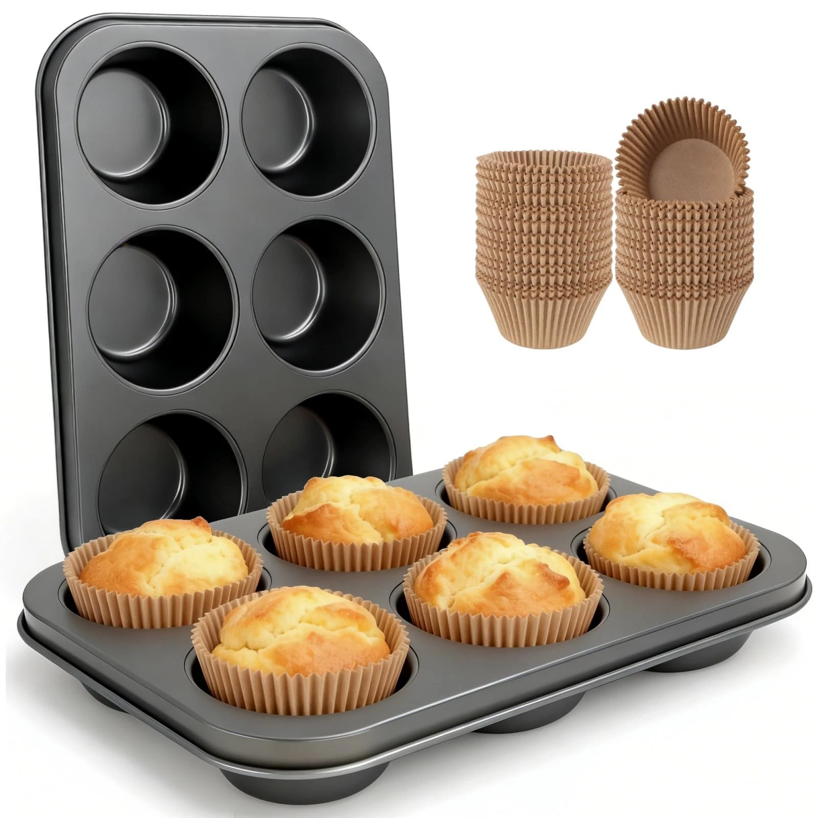 Artcochan 2 Pack Muffin Pan with 50 Cupcake Liners, Extra Large, Dark Gray