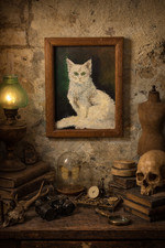 Peinture ancienne chat blanc yeux verts – Huile sur panneau – Cadre bois 35x27