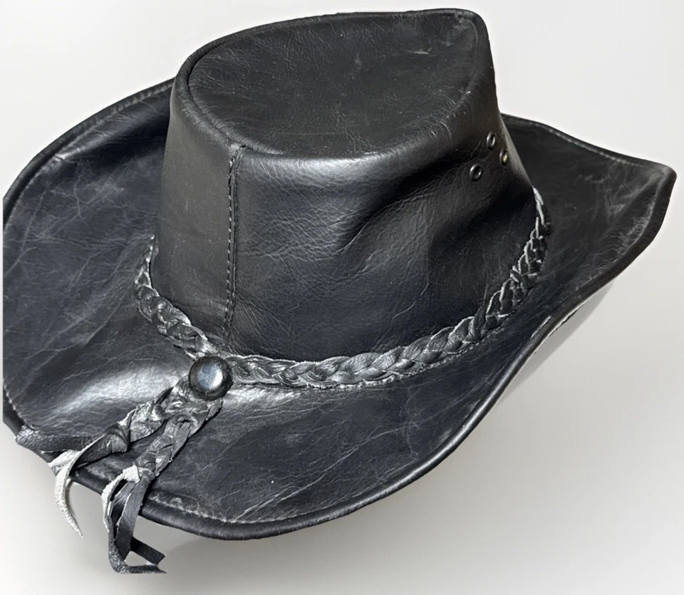VTG Faux Leather Black Cowboy Hat Size Medium  (7 1/4) George Hengel Minnesota - Image 4 of 4