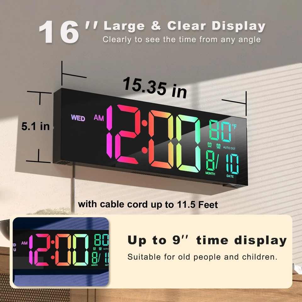 Sleek 16'' Digital Wall Mount Clock with Alarm & Night Light for Living Room - Image 4 of 4