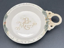 Fitz & Floyd Winter Holiday BE MERRY Holly Berry Tidbit 6.5" Candy Dish w Handle