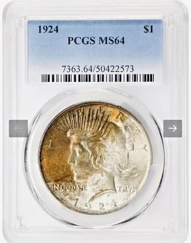 1924 P Peace Dollar PCGS MS64 US 90% Silver Graded Coin Slab exceptional toned