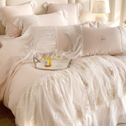 Bedding Set 4pcs Pure Cotton Lace Embroidery Duvet Cover Bed Skirt 2 Pillowcases - Picture 7 of 18