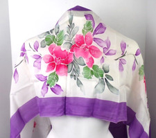 Vintage Signed Silk Scarf Lavender White Pink Floral Rectangle Colorful 58 x 17"