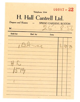 Vintage 1950er H Hall Cantrell Ltd Buxton Drapers & Hosiers Bill Head #26