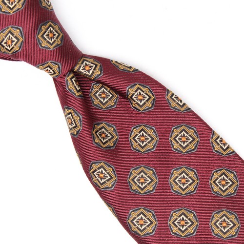 JZ Richards Mens Silk Necktie Maroon Navy Blue Gold Geometric Medallion Tie USA