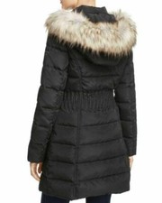 Laundry Shelli Segal Windbreaker Faux Fur Trim Cinched Waist Puffer Coat Black L