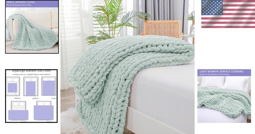 Versatile 40x40 Chunky Knit Throw Blanket - Mint, Perfect for Napping & Reading - Picture 2 of 10