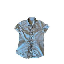 Image of New York & Company Button-Up Shirt Women's Size M Gray Short Sleeve Ruffle Front