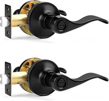 Wave Style Matte Black Privacy Door Knobs, Reversible Bed/Bath Door Levers, Inte