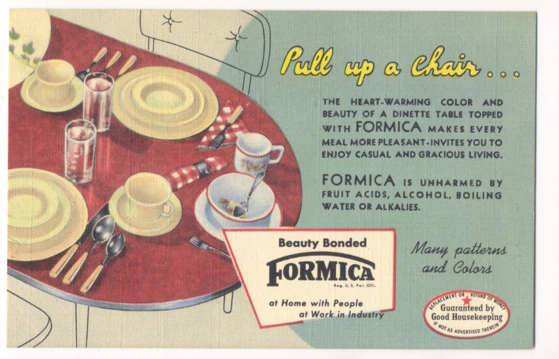 FORMICA TOP for Dinette Table  1948 LINEN AD Postcard Dur-a-Bilt Furniture SF CA