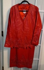 VTG Red Leather Jacket  Skirt Embroidered/Beaded Made In India SIZE M