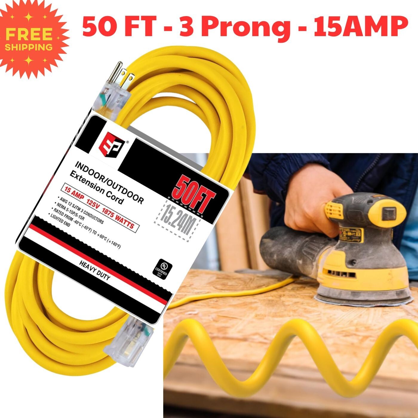 50FT Extension Cord 12/3 Gauge SJTW Outdoor Heavy Duty 15AMP Power Cables Yellow-image