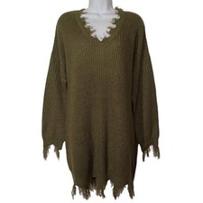 FASHION NOVA Distressed Olive Green Knit Long Sleeve Sweater Dress Large