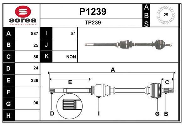 Arbre de transmission SNRA P1239 pour train avant gauche de berline