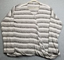 Cato Top Women Extra Large XL Black Gray Striped Long Sleeve Wrap Blouse Stretch
