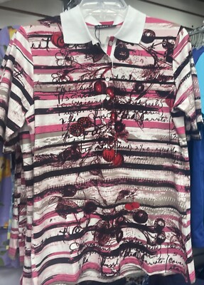 NWT Rabe Women Short Sleeve Collared T-shirt Pink Stripe Size US 10 Size 40 EU