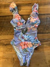 NWT Cupshe Tropical Ruffle Sleeve Light Purple Tie Back Swimsuit XS NWT
