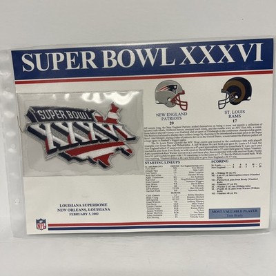 Super Bowl XXXVI Patriots vs Rams Football Jersey Willabee & Ward Patch on Card