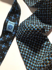 GIANNI VERSACE VINTAGE '90s GREEK KEY GRIDS TIE MEDUSA HEAD ITALY BLUE BLACK