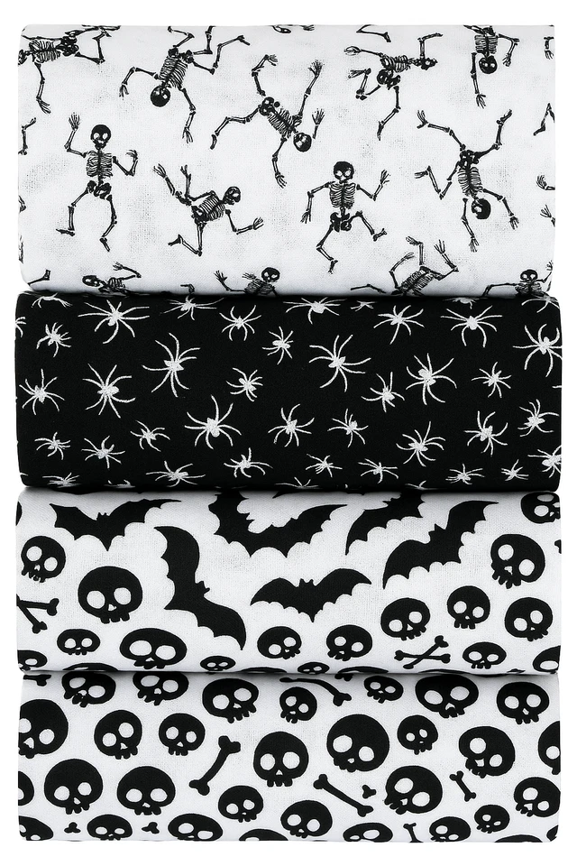 Halloween Spiders Skulls Bats Skeletons Print Polycotton 4Pcs Fat Quarter Bundle - Image 2 of 2