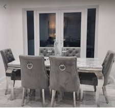 ✨ Grey Velvet Dining Chairs – Set of 6 ✨chrome legs, buttons,knocker back