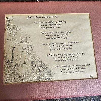 Father's Day Art Sketch Print Poem Elderly Dad Matted Suspenders Wagon Cane 
