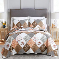 Floral Plaid Patchwork Quilt Set Queen Size, Reversible Brown Bedding Set Soft M