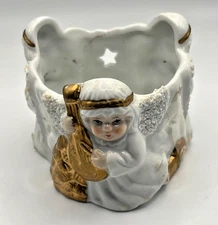 Vintage White Ceramic Angel Candle Votive Holder Or Planter With Gold Accents