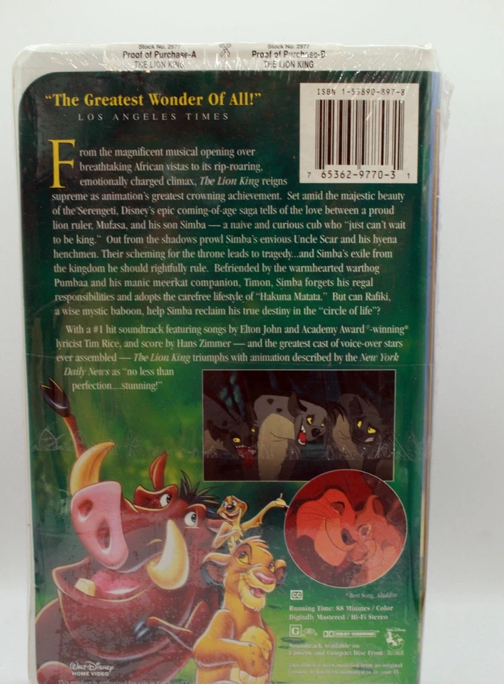 1995 Walt Disney “The Lion King” VHS Masterpiece Collection Sealed #6411003 Foto 3 de 4