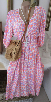 Sommer Kleid Midikleid Musselin Leo Weiß-Orange-Lila One-Size Ibiza 38 40 42 S