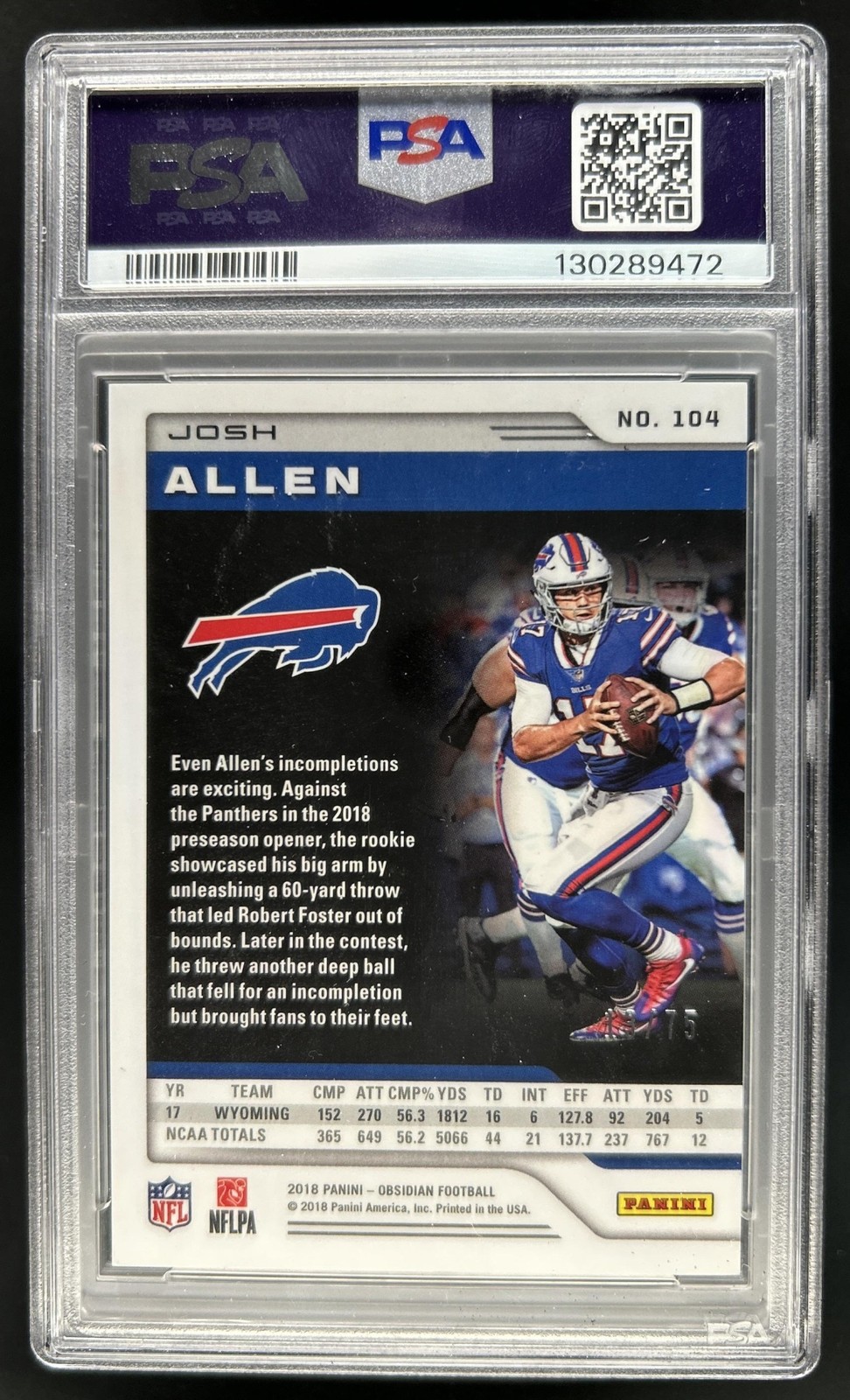 2018 Panini Obsidian Josh Allen Electric Etch Purple Rookie RC #/75 Bills PSA 9 view 2