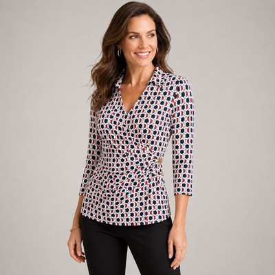 Boston Proper Geometric Wrap Top Medium 3/4 Sleeve Stretch Office Business Chic